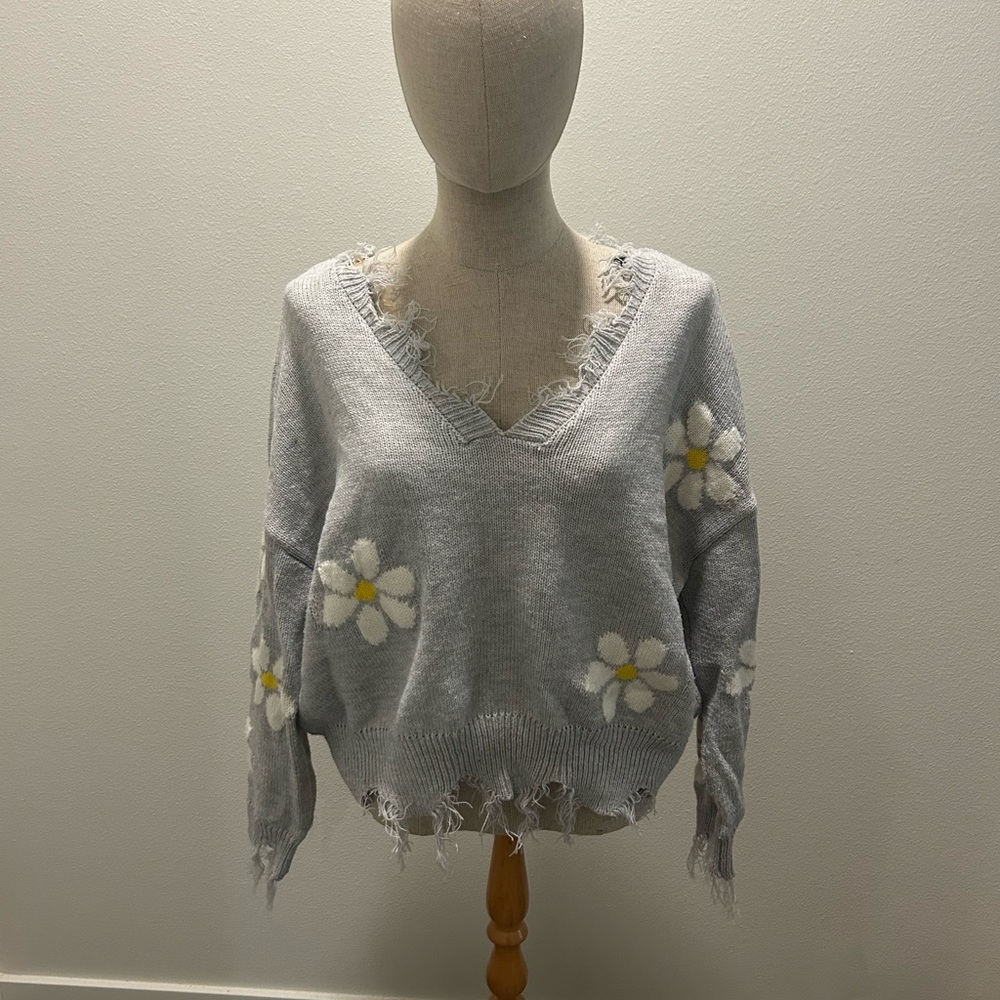 Polly & Esther Gray V-Neck Sweater with Floral Accents
